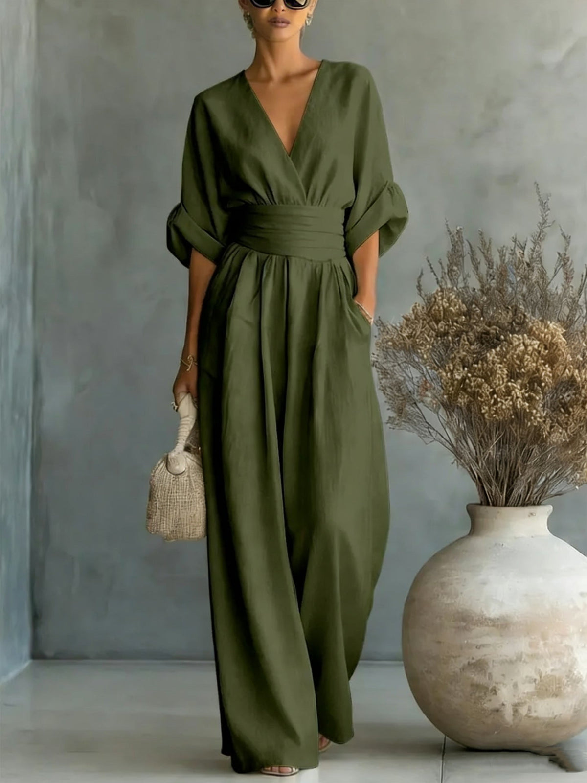 Women's V-Neck Wide Leg Jumpsuit – High Waist Pocket Formal Jumpsuit