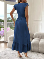 Women's V-Neck Tiered Maxi Dress – Short Sleeve Smocked Waist Evening Dress