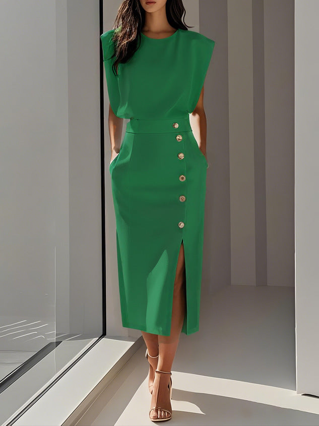 Women's Sleeveless Fitted Midi Dress – Decorative Button Occasion Dress