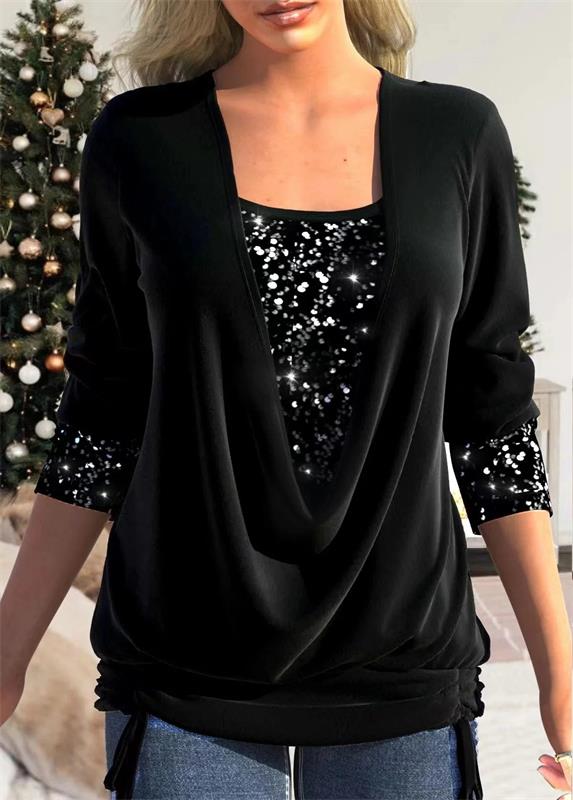 Women's Sequin Statement Blouse – Sparkle Overlay Evening Top