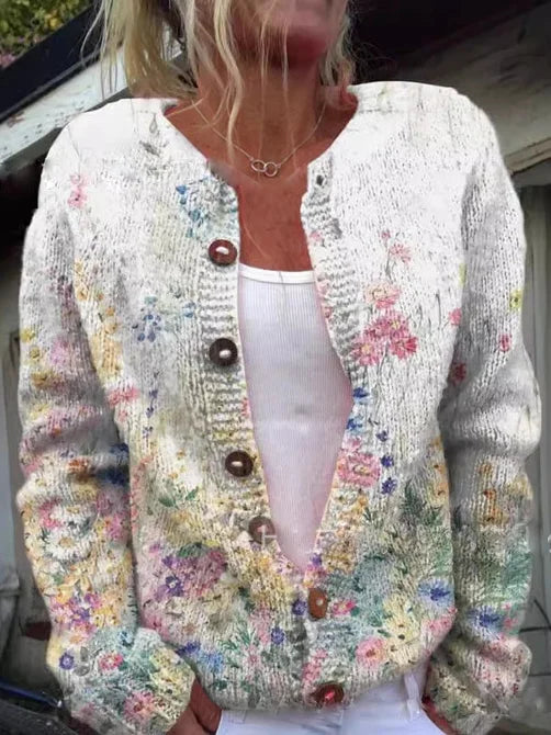 Women's Floral Embroidered Knit Cardigan – Button Front Long Sleeve Cardigan