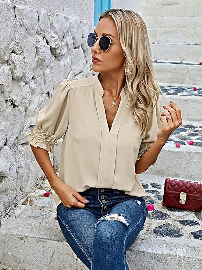 Women's V-Neck Blouse – Short Sleeve Summer Blouse – Sofie