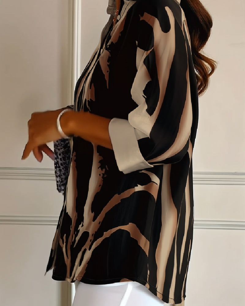 Women's Asymmetrical Print Blouse – Stand Collar Long Sleeve Blouse