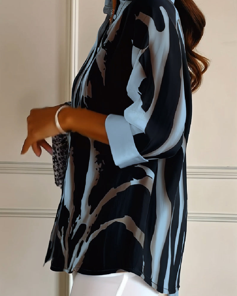 Women's Asymmetrical Print Blouse – Stand Collar Long Sleeve Blouse