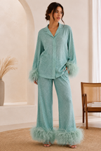 Women's Feather Trim Sequin Set – Glitter Blouse & Wide Leg Pants Set