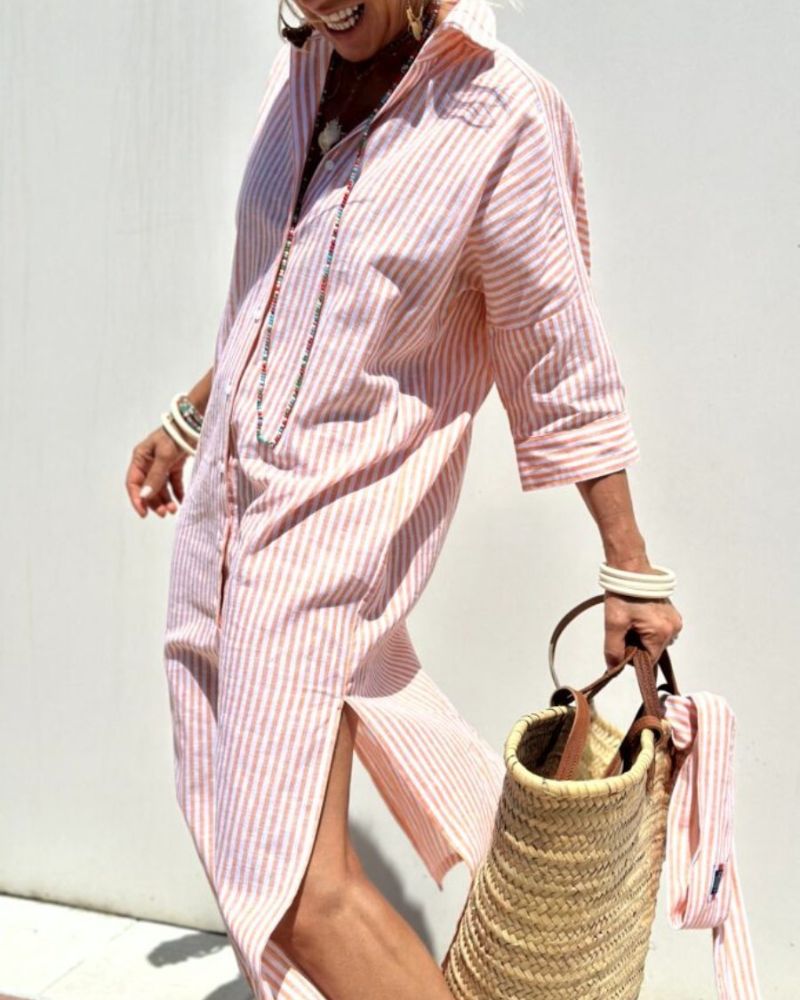 Women's Striped Shirt Dress – Belted Midi Dress