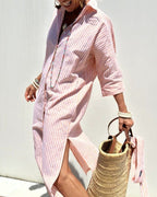 Women's Striped Shirt Dress – Belted Midi Dress
