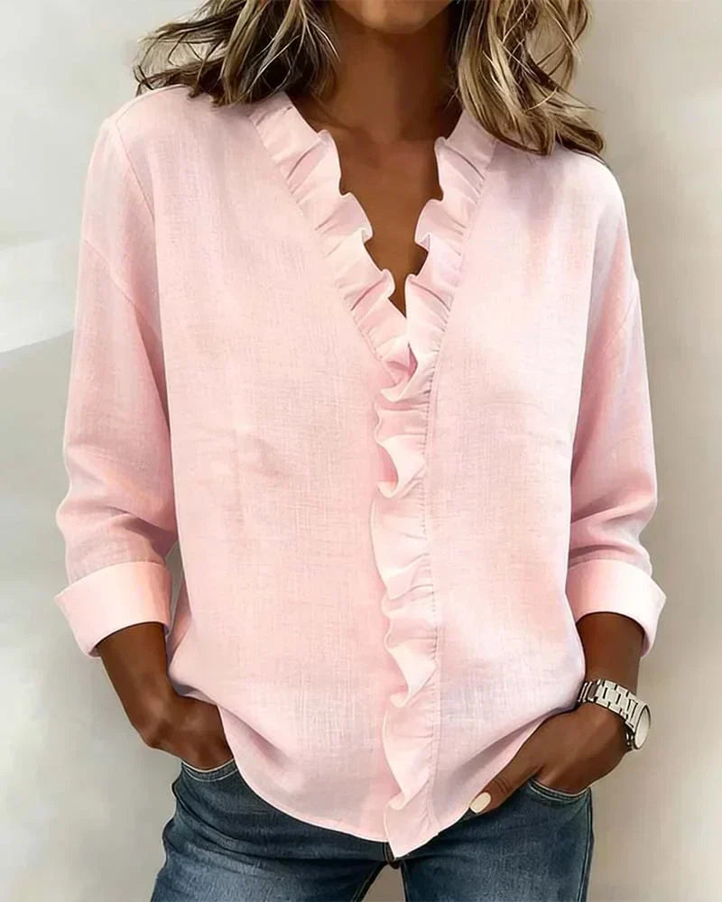 Women's Ruffle V-Neck Blouse – Flowy Statement Sleeve Dressy Top