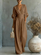 Women's V-Neck Wide Leg Jumpsuit – High Waist Pocket Formal Jumpsuit
