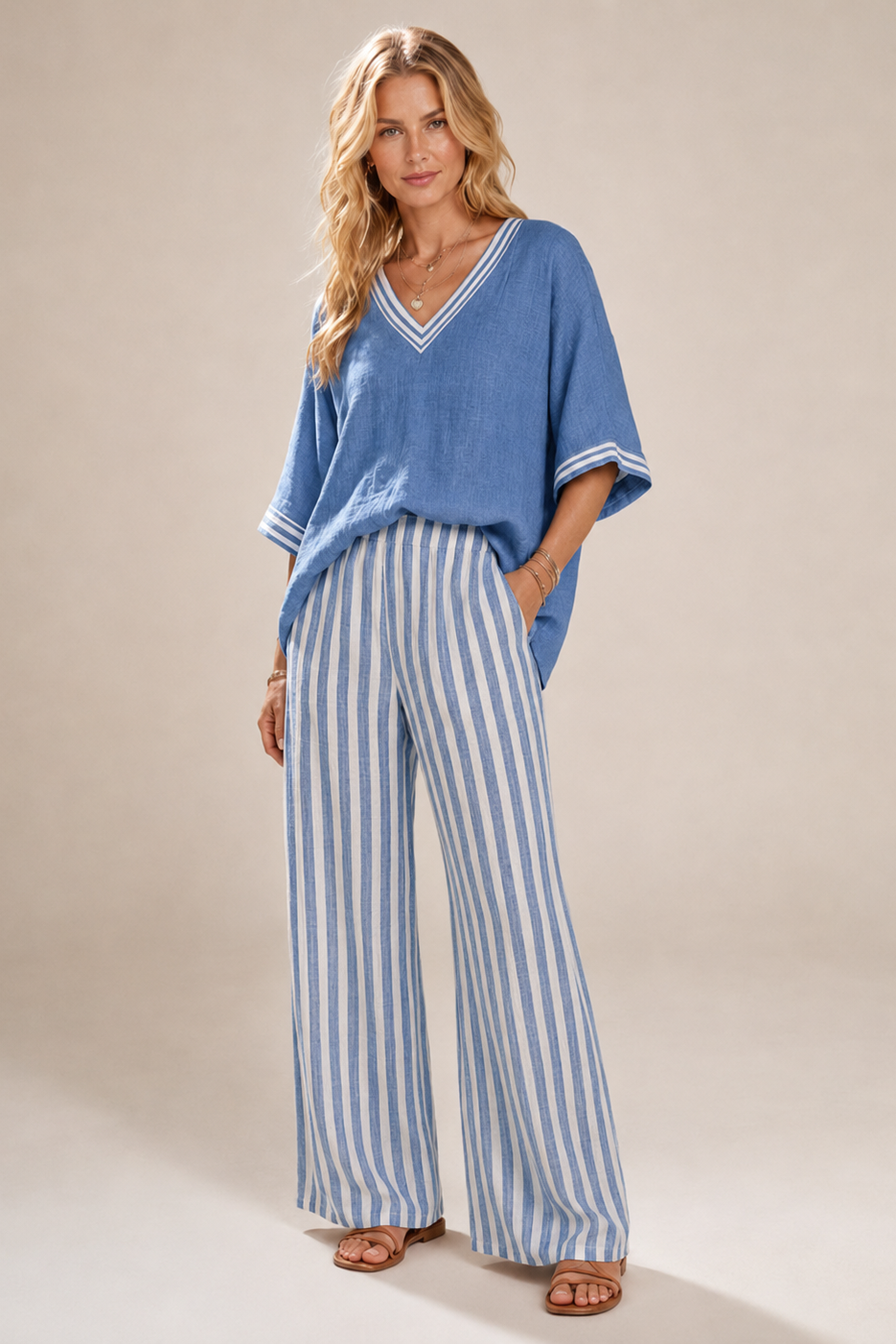 Women's Striped Two-Piece Set – Wide Leg Summer Set