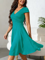 Women's V-Neck A-Line Dress – Short Sleeve Knee Length Pocket Dress