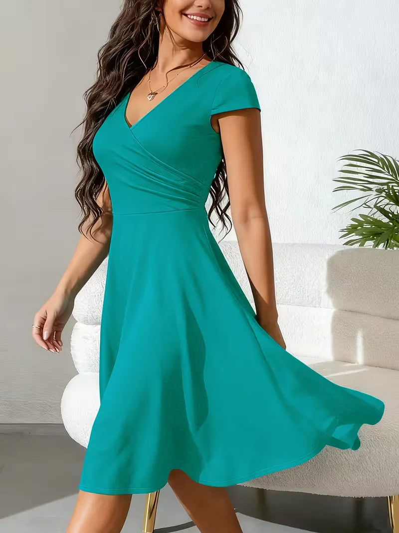Women's V-Neck A-Line Dress – Short Sleeve Knee Length Pocket Dress