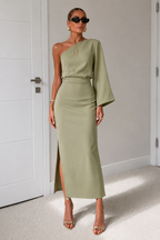 Women's Green Pleated Maxi Dress – Flowy Day-to-Night Occasion Dress