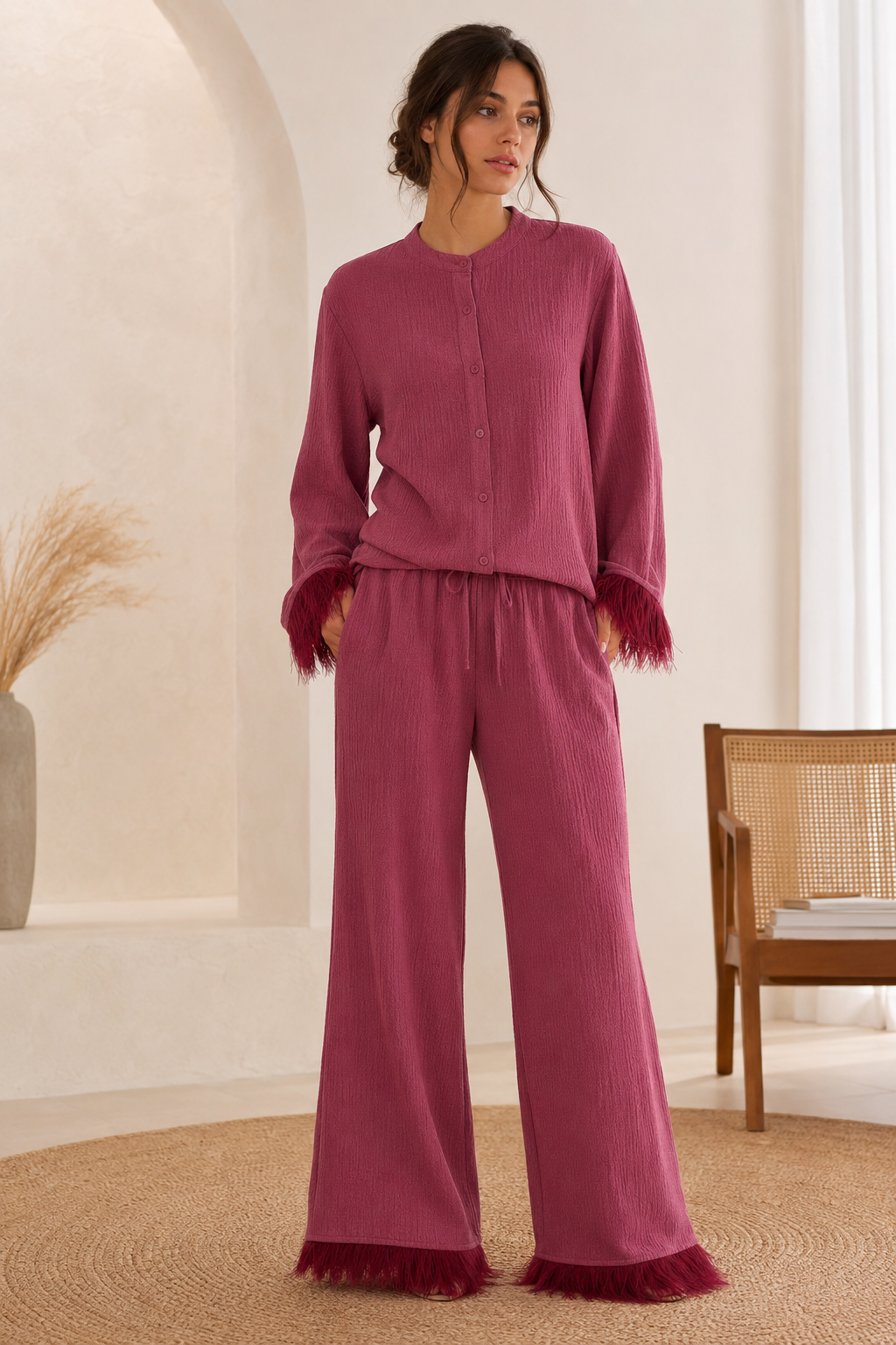Women's Feather Trim Sequin Set – Glitter Blouse & Wide Leg Pants Set