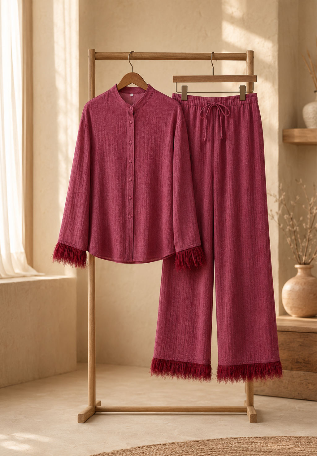Women's Feather Trim Sequin Set – Glitter Blouse & Wide Leg Pants Set