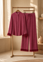 Women's Feather Trim Sequin Set – Glitter Blouse & Wide Leg Pants Set