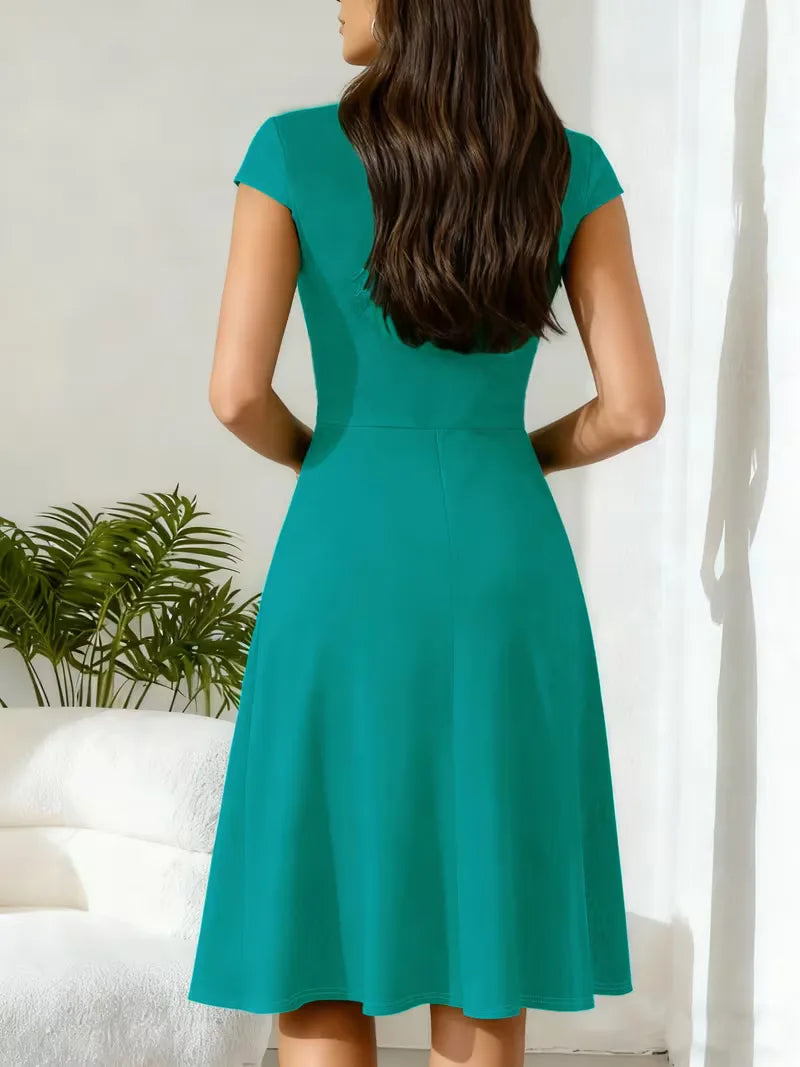 Women's V-Neck A-Line Dress – Short Sleeve Knee Length Pocket Dress