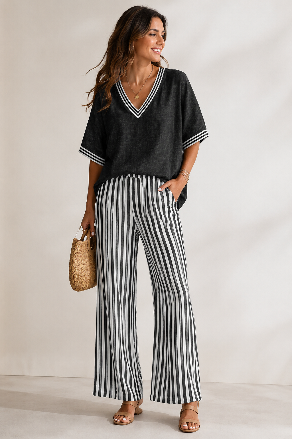 Women's Striped Two-Piece Set – Wide Leg Summer Set