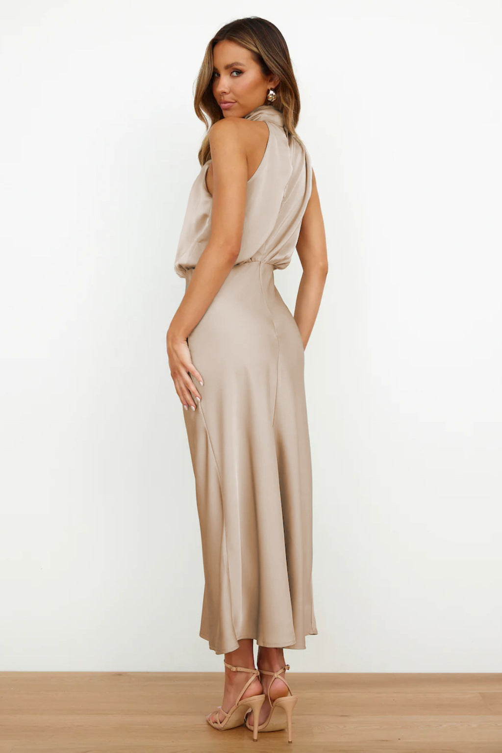 Women's Flowy Halter Midi Dress – Relaxed Cocktail Occasion Dress