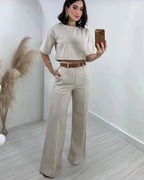 Women's High Waist Flared Pants Set – Relaxed Top Casual Two Piece Set