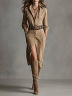 Women's Suede Effect Midi Dress – Long Sleeve Dress