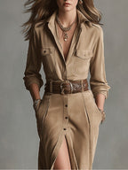 Women's Suede Effect Midi Dress – Long Sleeve Dress