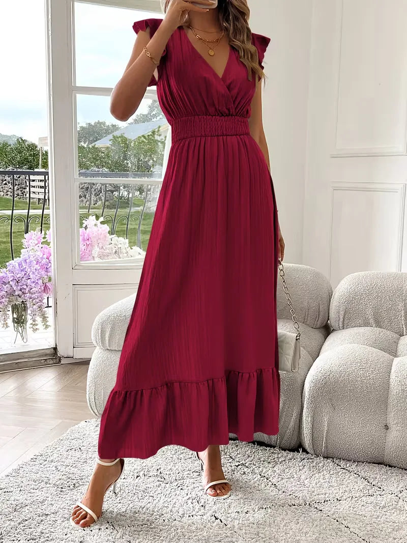 Women's V-Neck Tiered Maxi Dress – Short Sleeve Smocked Waist Evening Dress