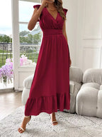 Women's V-Neck Tiered Maxi Dress – Short Sleeve Smocked Waist Evening Dress