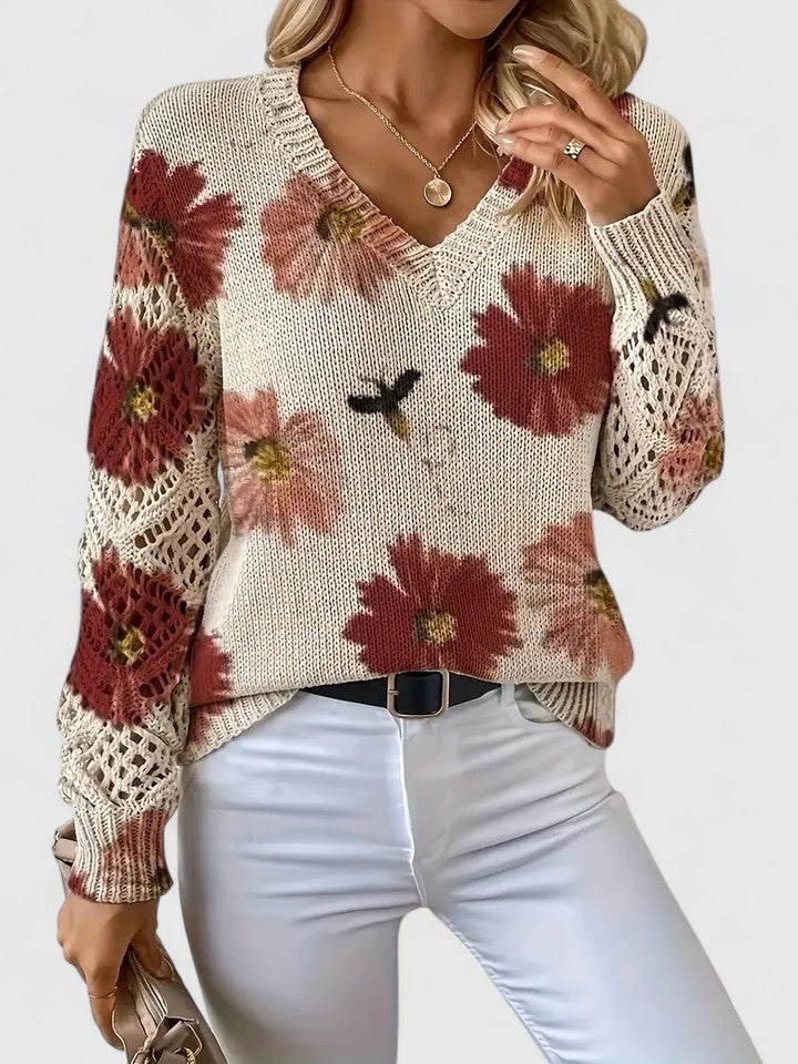 Women's Floral V-Neck Cardigan – Lightweight Flower Knit Cardigan