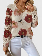 Women's Floral V-Neck Cardigan – Lightweight Flower Knit Cardigan