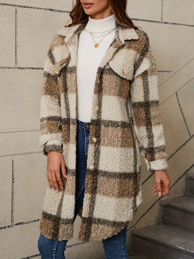 Women's Oversized Teddy Coat – Checked Fleece Winter Overcoat