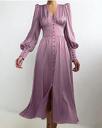 Women's V-Neck Wedding Guest Maxi Dress – Lantern Sleeve Flowy Formal Dress
