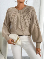 Women's Cable Knit Sweater – Balloon Sleeve Crew Neck Pullover
