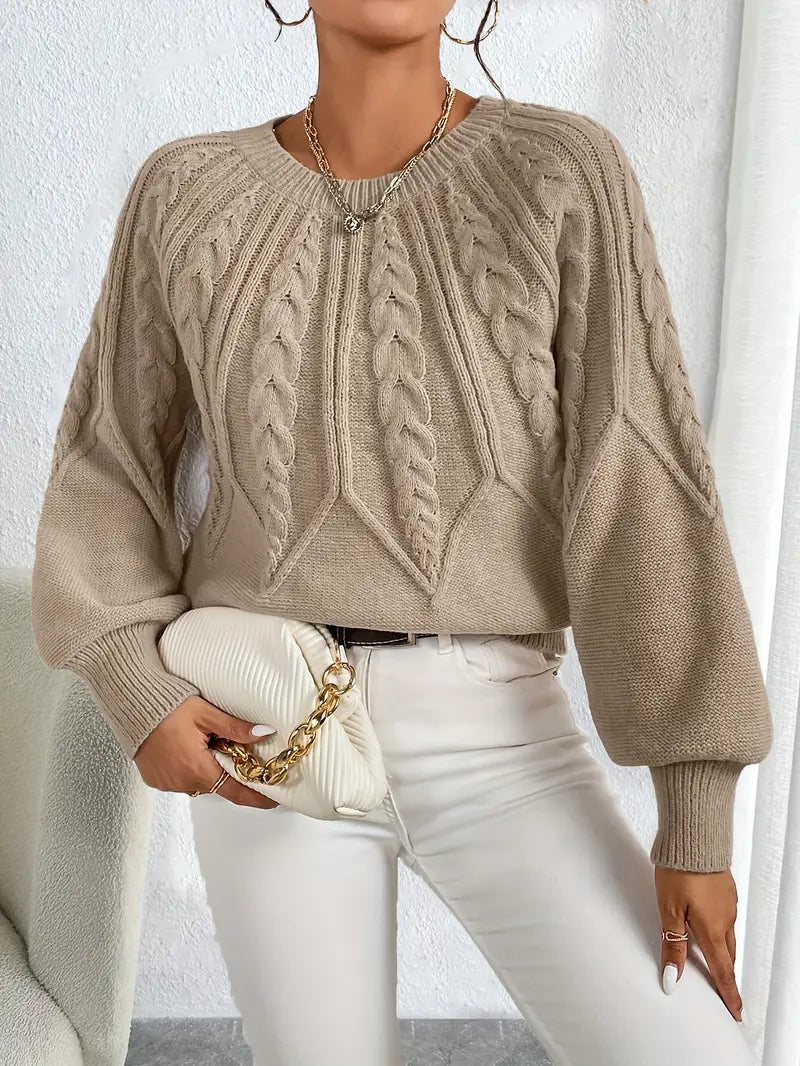 Women's Cable Knit Sweater – Balloon Sleeve Crew Neck Pullover