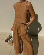Women's Summer Crop Top Set – High Waist Wide Leg Pants Set