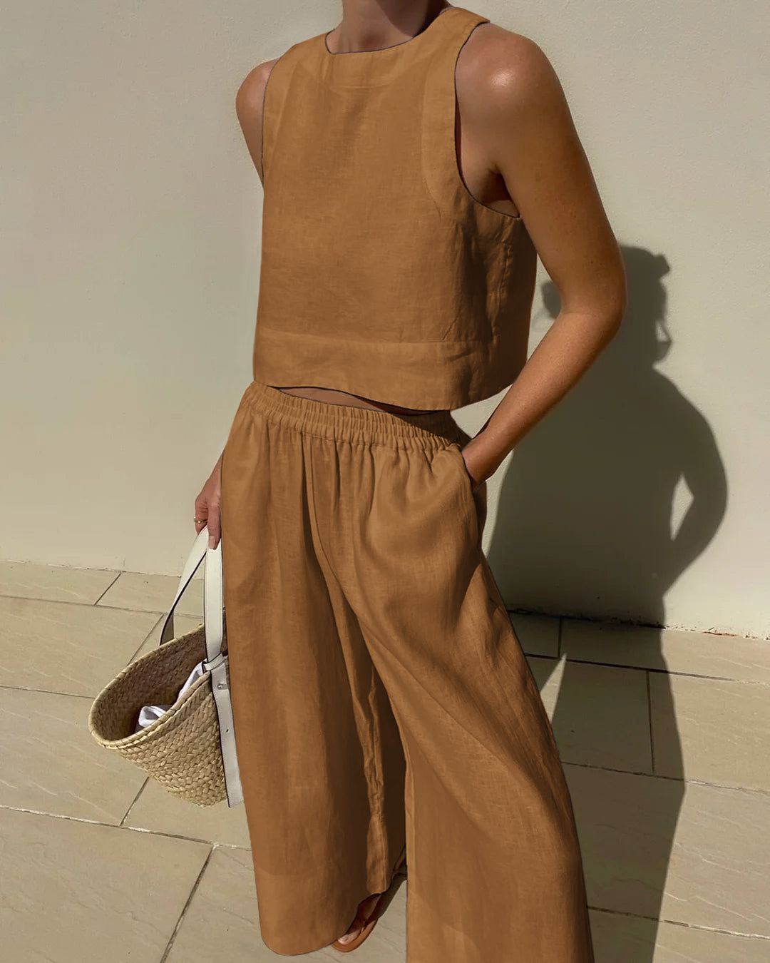 Women's Summer Crop Top Set – High Waist Wide Leg Pants Set