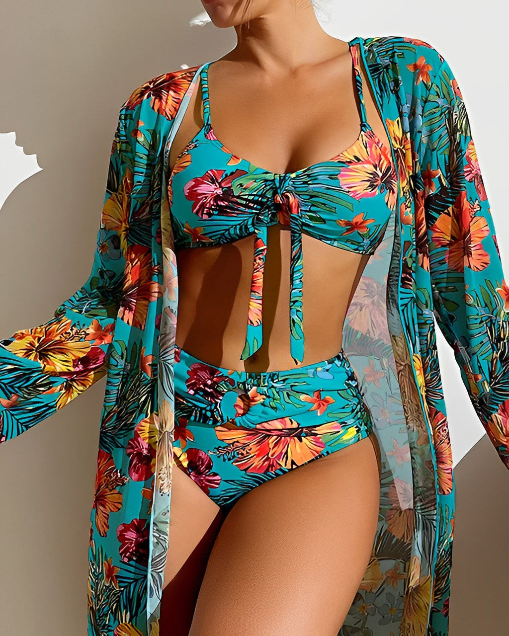 Women’s Tropical Print Bikini Set with Cover-Up – Beach Swimwear - Juanita