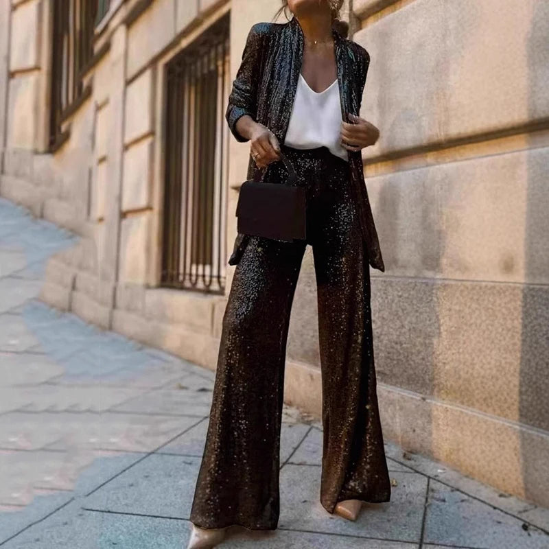 Women's Sequin Two-Piece Set – Fitted Top & High Waist Pants Set