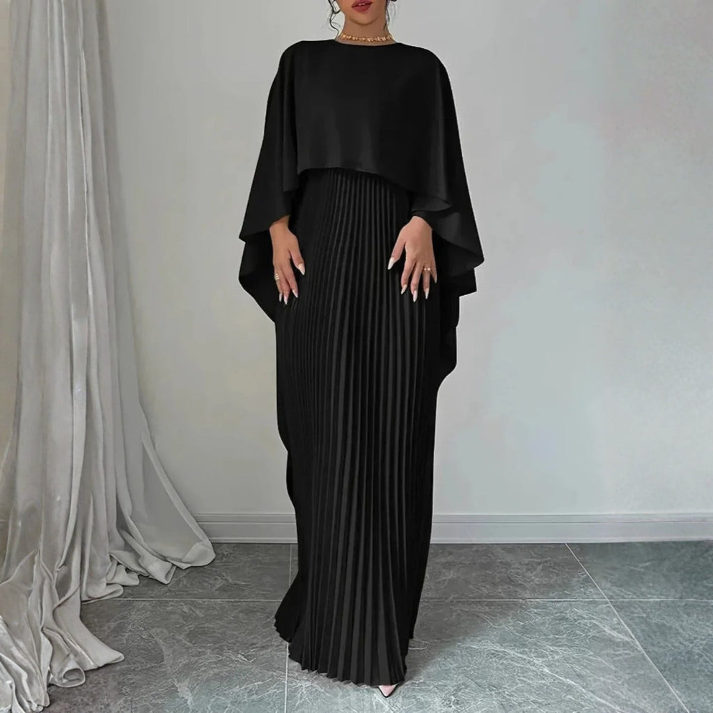 Women's Pleated Cape Wedding Guest Maxi Dress – Draped Formal Evening Dress