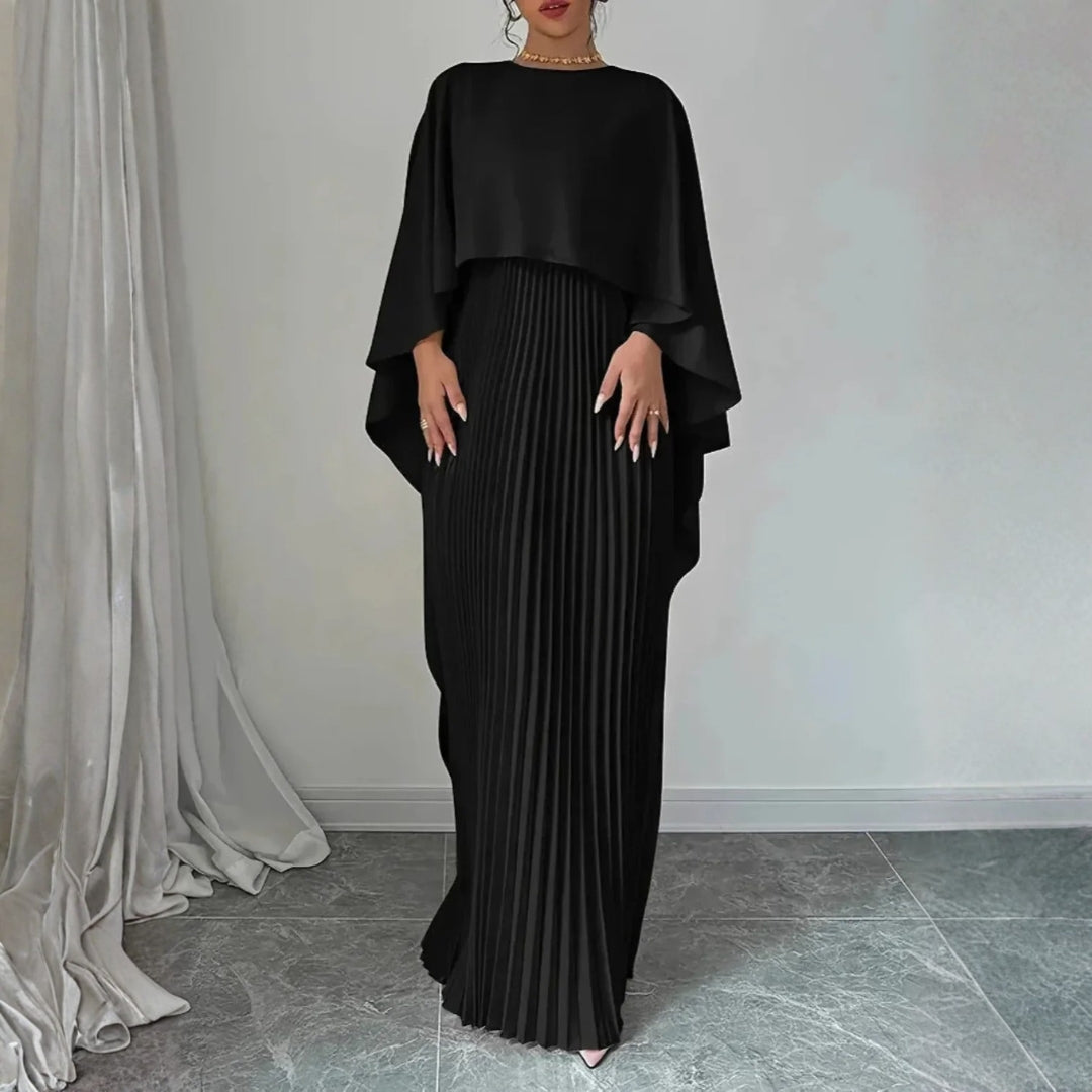 Women's Pleated Cape Wedding Guest Maxi Dress – Draped Formal Evening Dress