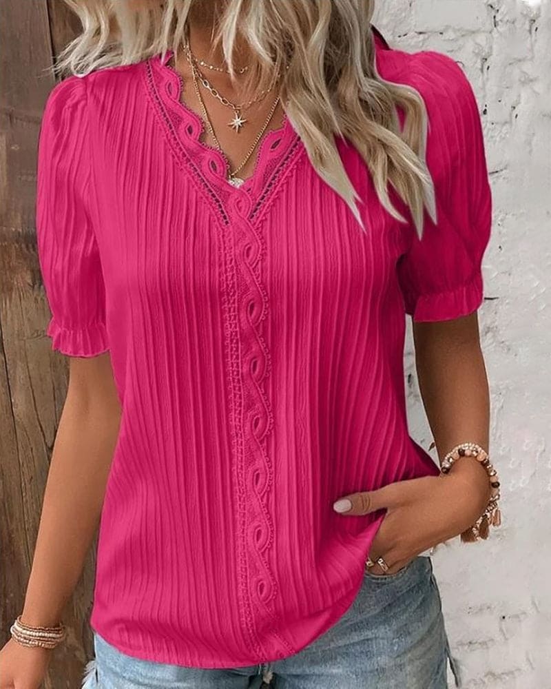 Women's V-Neck Lace Blouse – Dressy Lace Detail Occasion Blouse