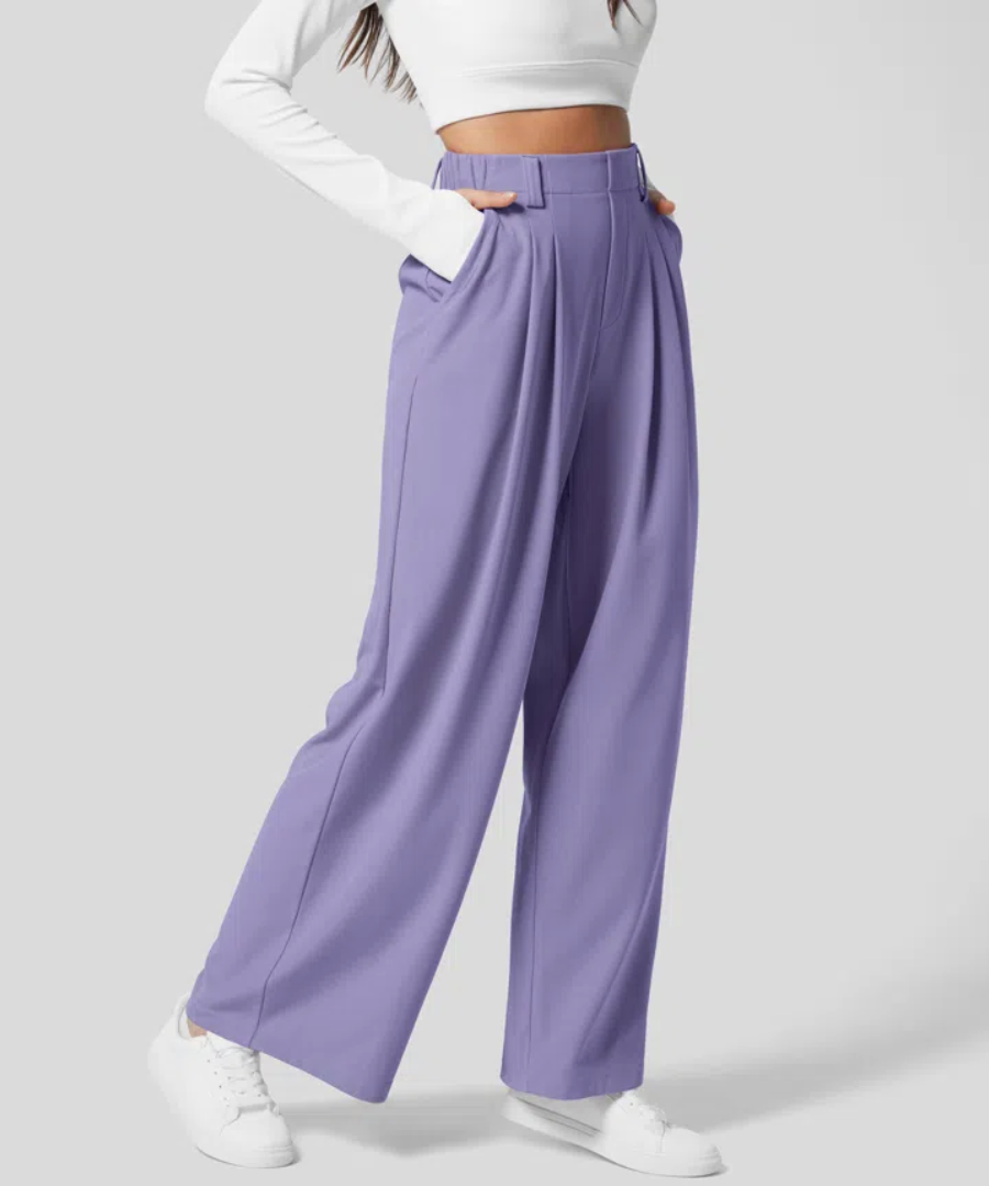 Women's High Waist Wide Leg Pants – Elastic Waist Four Pocket Trousers
