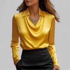 Women's Waterfall Neck Blouse with Draped Fit and Long Sleeves