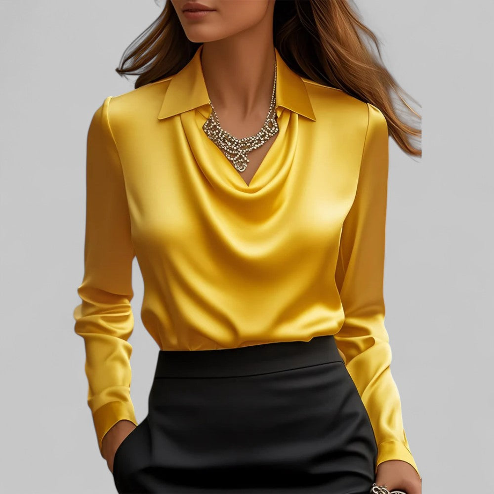 Women's Waterfall Neck Blouse with Draped Fit and Long Sleeves