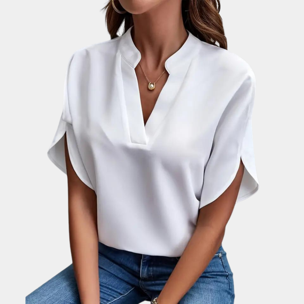 Women's Short Sleeve V-Neck Blouse – Stand Collar Summer Blouse