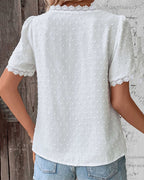 Women's Short Sleeve Lace Blouse – V-Neck Feminine Detail Blouse