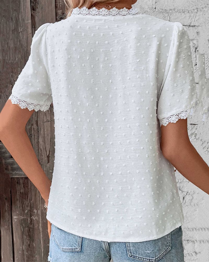 Women's Short Sleeve Lace Blouse – V-Neck Feminine Detail Blouse