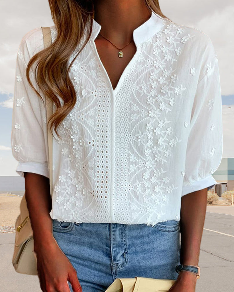Women's V-Neck Puff Sleeve Blouse – Relaxed Long Sleeve Blouse