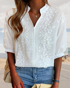 Women's V-Neck Puff Sleeve Blouse – Relaxed Long Sleeve Blouse