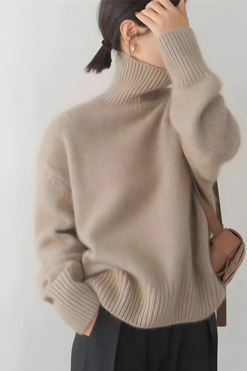Women's High Neck Roll Sweater – Long Sleeve Relaxed Knit Pullover